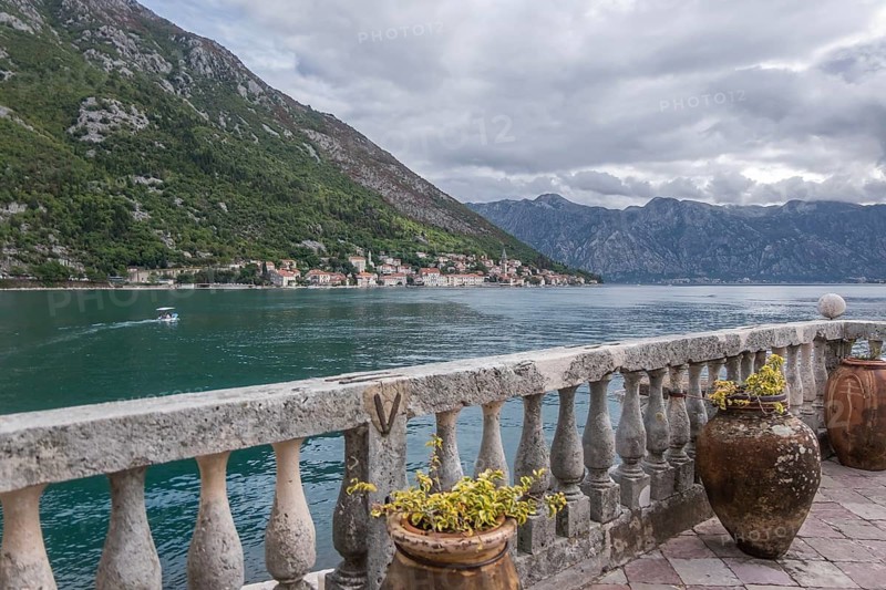 View from the island of Gospa od Skrpjela, Mary of the Rock, to Perast, Bay of Kotor, Montenegro