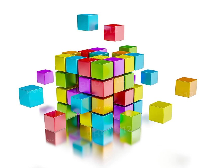 Business team teamwork collaboration concept, colorful color cubes assembling into cubic structure isolated on white with reflection
