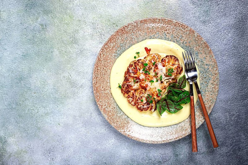 Cauliflower steak, with mashed potatoes, spices and herbs, homemade, no people