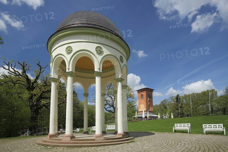 Monopteros and tower, round temple with columns and dome, landmark, Neroberg, Wiesbaden, Taunus, Hesse, Germany