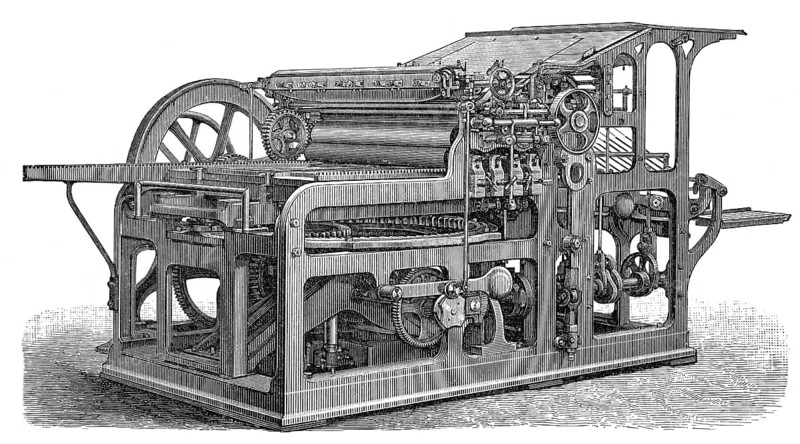 Historical illustration, 19th Century, Industrial printing press, Koenig & Bauer, Druckmaschine, Schnellpresse für Buchdruck, historische Zeichnung, 19. Jahrhundert