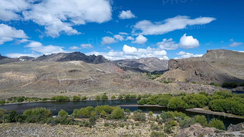The Rio Limay river flows through the steppe near Bariloche, Patagonia, Argentina
