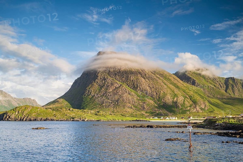 Mountain and coast, fishing village Hovden, island Langøya, archipelago Vesterålen, Norway