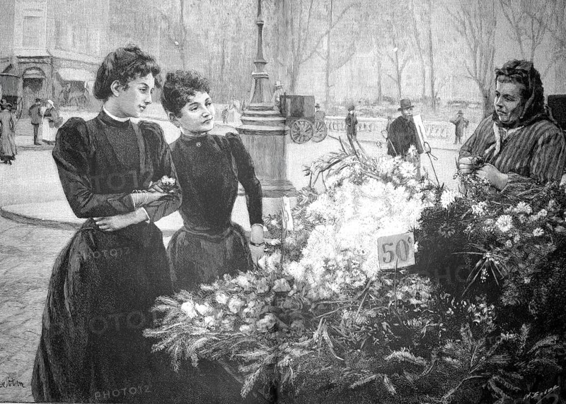 At the flower market in Paris around 1880. Two customers look at the offer from the flower seller, France, illustration, reproduction from a model from the 19th century. Authentic, file restored for optimal use, exact date of submission unknown, historical