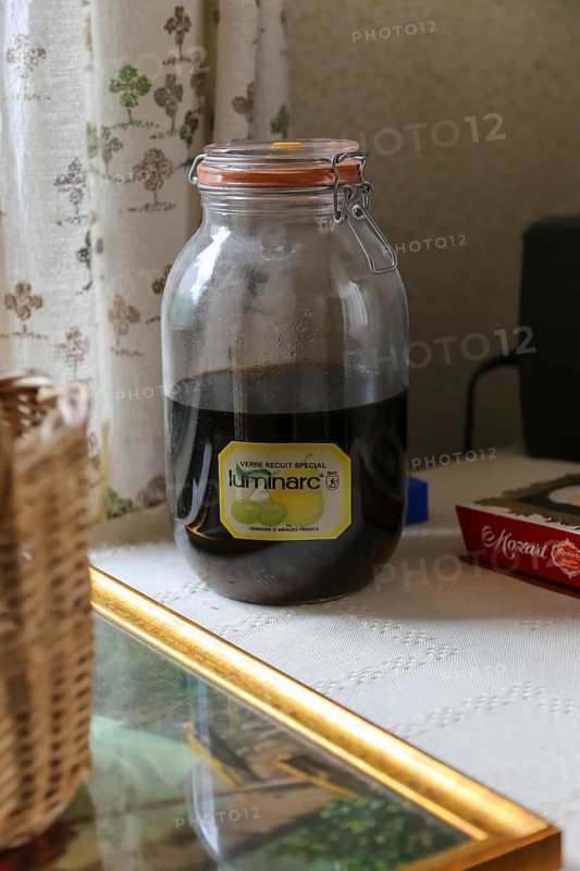 Lost Places, abandoned house, vacant building, old-fashioned furniture, good parlour, living room 1950s style, living in the economic miracle, furniture of the 50s, glass with dark liquid, district Honau, Lichtenstein, Baden-Württemberg, Germany