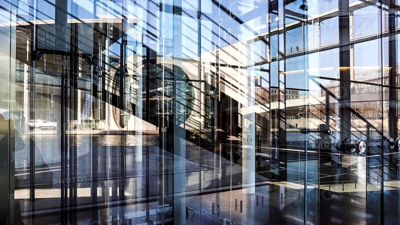 The Marie-Elisabeth Lüders House is reflected in the window of the Paul Löbe House, both parliament buildings belong to the German Bundestag, Berlin, 11 February 2025, Berlin, Berlin, Germany