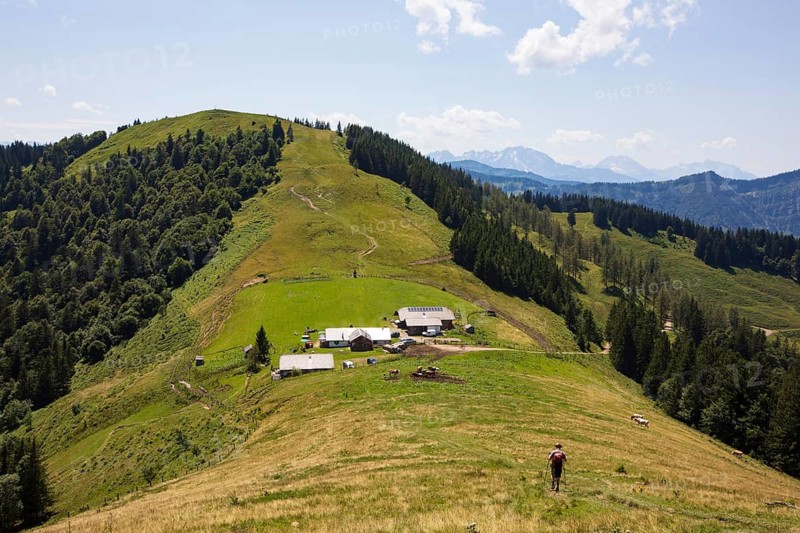 Hikers on the way to the Oberwiesalmen with Loibersbacher Höhe, Osterhorngruppe, Salzkammergut, Salzburg province, Austria