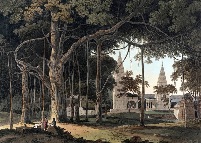 Hindu temple in Agouree, on the Soane River, Bahar, India, ca 1880, digitally enhanced reproduction of a 19th century model