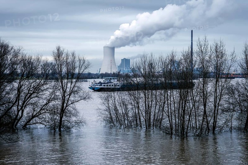 Duisburg, North Rhine-Westphalia, Germany - High water on the Rhine, the trees on the dyke in the Marxloh district are under water, Rhine shipping has not yet stopped, freighters are allowed to sail on the Rhine, behind the Steag coal-fired power station Duisburg Walsum