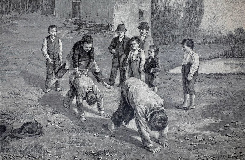 Scene of children playing outdoors, 1896, a classic break game, possibly bounce jumping or a similar variant of equestrian games that used to be widely used, illustration, reproduction from a 19th-century model. Authentic, file restored for optimal use, exact date of submission unknown, historical, children playing piggyback in a field in a rural setting in pleasant weather