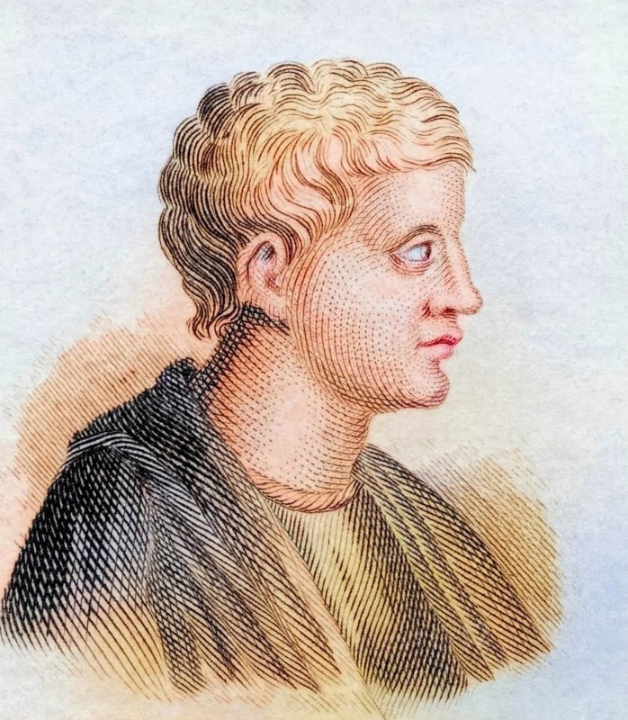 Horace, (born 8 December 65 BC in Venusia, died 27 November 8 BC), actually Quintus Horatius Flaccus, was one of the most important Roman poets of the Augustan period alongside Virgil, Properz, Tibullus and Ovid, coloured woodcut from Crabbe's Historical Dictionary from 1825, Historical, digital reproduction