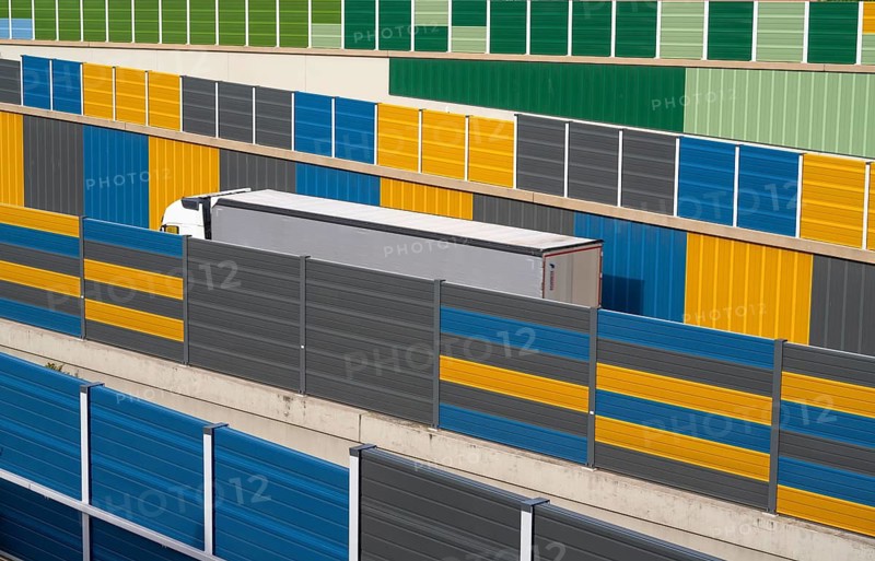 Colourful noise barriers on the A52 motorway, at the Essen-Rüttenscheid junction, the noise barriers were rebuilt in a colourful design as part of the motorway renovation, North Rhine-Westphalia, Germany