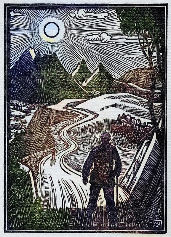 Woodcut on the front by Norman James from the book The Gentle Art of Tramping by Stephen Graham, published in 1927, Historic, digitally restored reproduction from a 19th century original, Record date not stated