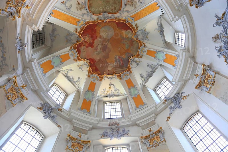 Vaulted ceiling with fresco painting in the Vierzehnheiligen Basilica, Bad Staffelstein, Lichtenfels district, Upper Franconia, Bavaria, Germany. The church, built according to plans by Balthasar Neumann, is dedicated to the fourteen emergency workers
