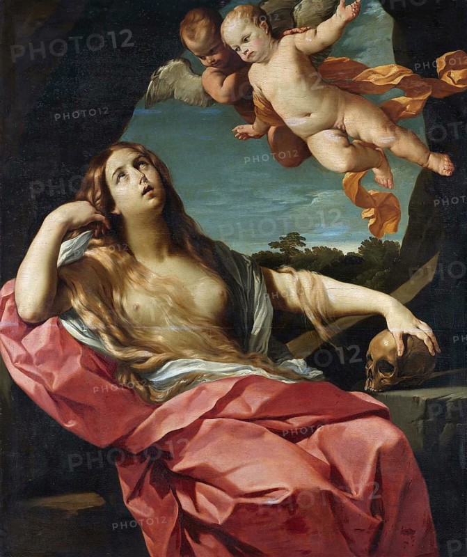 Painting, Reproduction of the painting, Work of art, Historical, Guido Reni, called il Guido or il divino Guido (b. 4 November 1575 in Bologna, d. 18. August 1642) Italian painter, fresco artist and etcher of the Bolognese school, main representative of a baroque classicism in painting, here the work:, Mary Magdalene (1627, 1720), Mary Magdalene (1627, Seated woman with long hair looks up at hovering angels while a skull lies in the foreground
