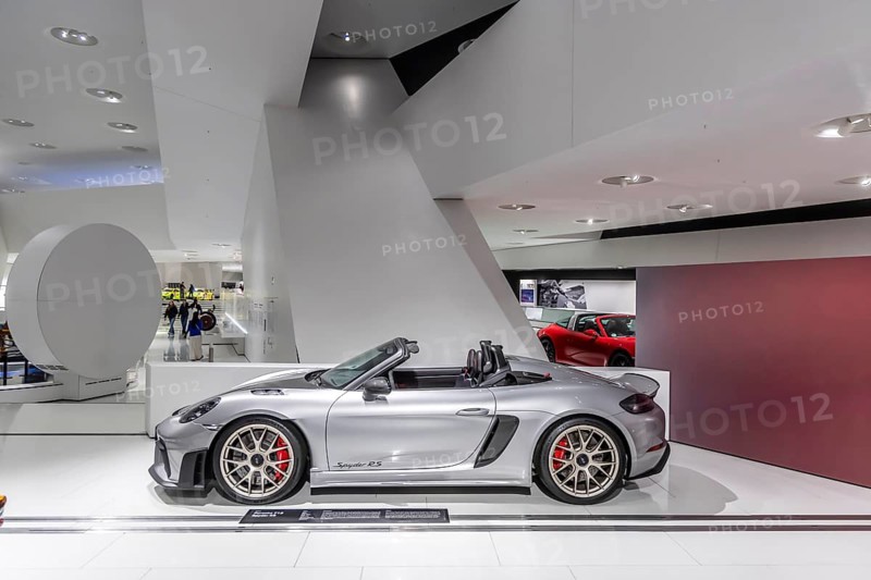 Porsche Museum Stuttgart-Zuffenhausen. Porsche 718 Spyder RS model from 2023. The automotive museum of Dr. Ing. h.c. F. Porsche AG presents racing cars and iconic cars from automotive history. interior view. Stuttgart, Baden-Württemberg, Germany