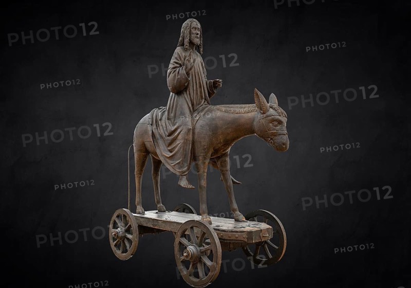 Christ on the Palm Donkey, c. 1500, detail, on dark background, Zeppelin Museum, Friedrichshafen, Baden-Württemberg, Germany