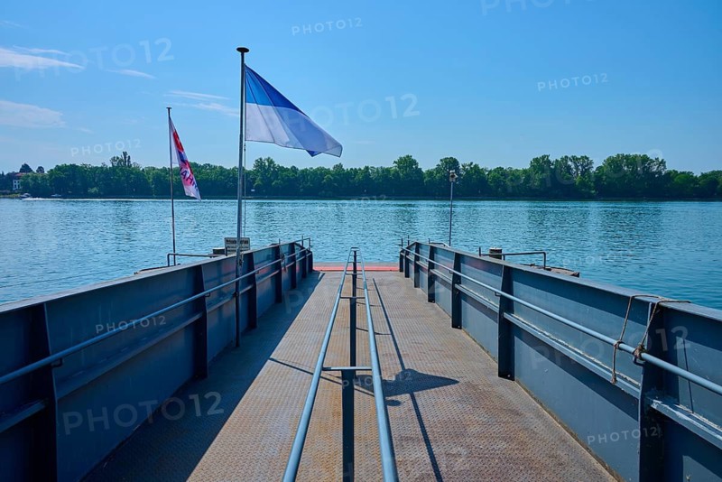 Dock on the river, flags fly in the wind under a clear sky, Rhine, Eltville am Rhein, Rheingau, Hesse, Germany