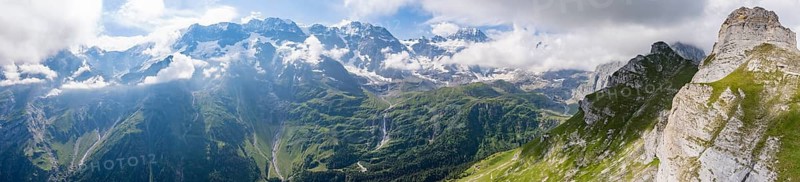 Schmadribachfall waterfall and picturesque mountain landscape with Breithorn mountain peak, view from Tanzbödeli, Bernese Alps, Bernese Oberland, Switzerland
