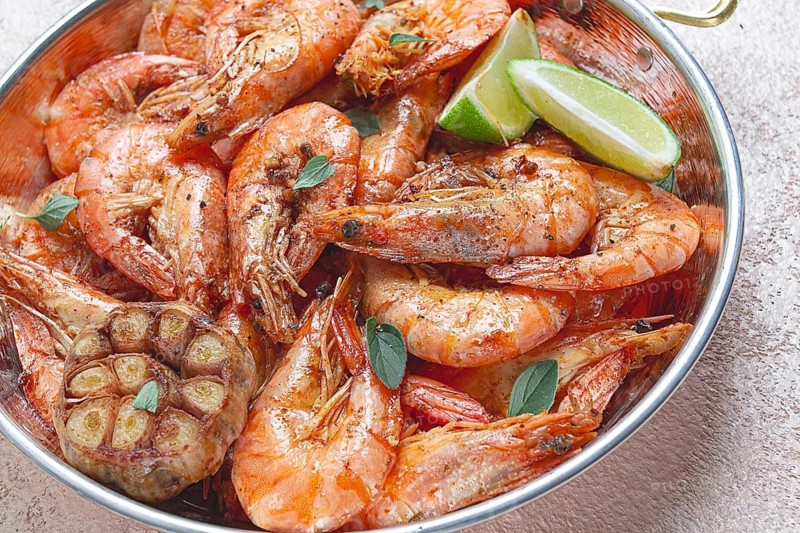 Fried tiger prawns, with spices, homemade, top view