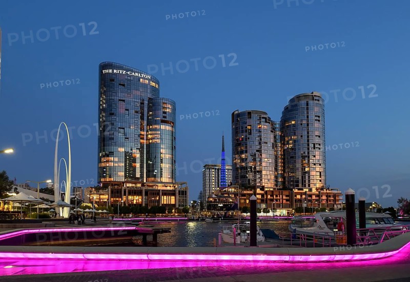 Skyline at Elisabeth Quay, blue hour, blue hour, harbour, Perth, State of Western Australia, Australia