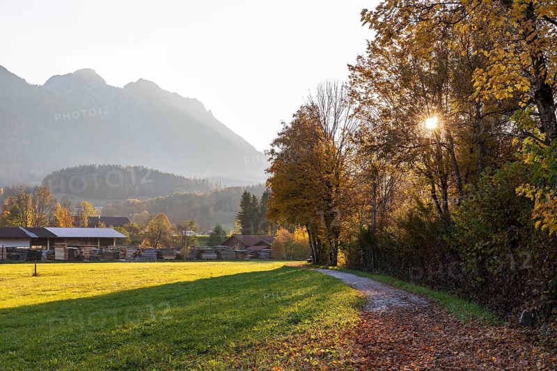 Sunny autumn weather in the Rote Traun valley, surrounded by the Chiemgau Alps, Inzell, Bavaria, Germany