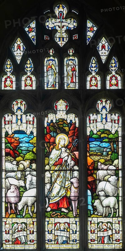 Stained glass window of the Good Shepherd, church of Saint Mary the Virgin Bruton, Somerset, England, UK c 1899