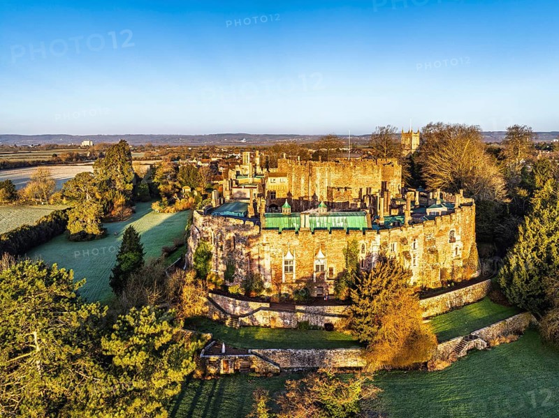 Berkeley Castle from a drone, Berkeley, Cotswolds, Gloucestershire, England, United Kingdom