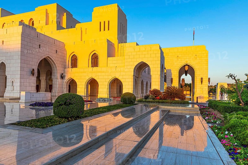 Marble steps on the main square of the Royal Opera in the evening light, Muscat, Arabian Peninsula, Sultanate of Oman