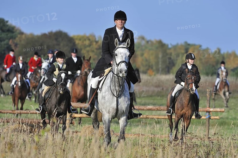 Hunters on horseback during drag hunting, Belgium