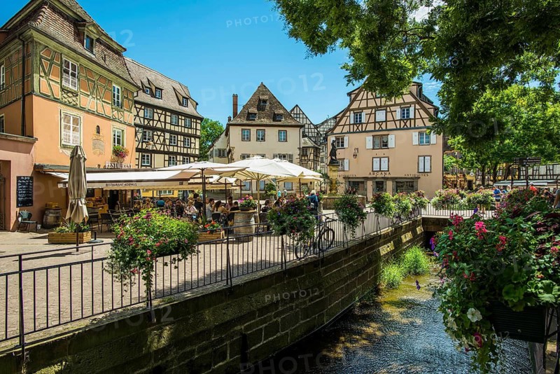 Half-timbered houses and restaurants in the old town, Colmar, Alsace, Bas-Rhin, France