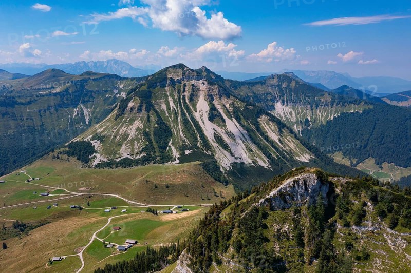 Drone shot, mountain landscape, Genneralm with Gennerhorn and Holzeck, Osterhorngruppe, Salzkammergut, Land Salzburg, Austria