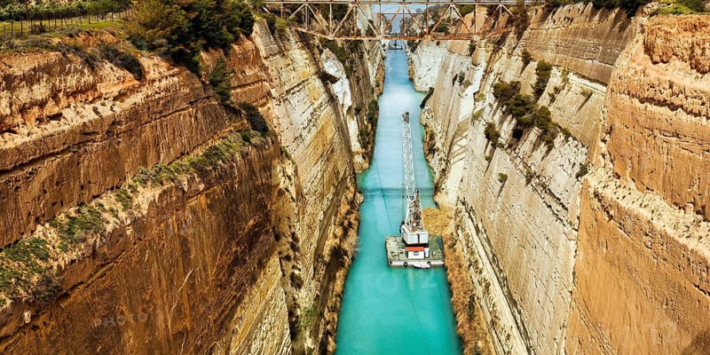 Construction work in the Corinth Canal, restoration after landslide, view of construction cranes, closed to shipping traffic, vertical rock faces, Corinth, Isthmus of Corinth, Greece