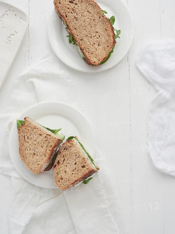 Veggie sandwiches served on plates on a white wooden table with space for text