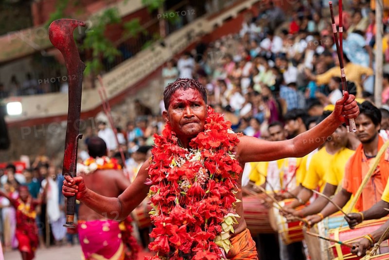 GUWAHATI, INDIA, AUGUST 19: Priests dance in the beat of Dhol (Drum) during the annual three-day-long Deodhani festival at the Kamakhya Temple on August 19, 2024 in Guwahati, India. The Deodhani festival is dedicated to Serpent Goddess Kamakhya, people believed that Goddess Kamakhya fulfills the wishes of the devotees who participate in this festival