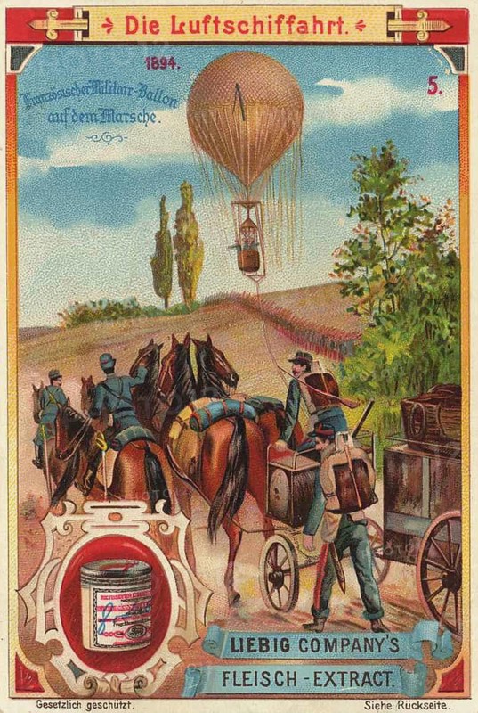 Series Die Luftschiffahrt, Luftschifffahrt, French military balloon on the march, 1894, Liebig picture, digitally restored reproduction of a collection picture from ca 1900, public domain, exact date unknown, scene of a military balloon with soldiers and horses on a march in 1894