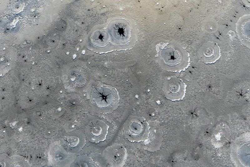 Steam holes, steam hole, lake, frozen, ice, hoarfrost, cold, winter, sunny, aerial view, foothills of the Alps, Bavaria, Germany