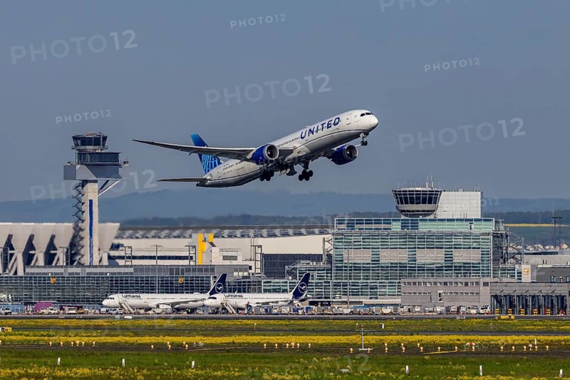 Plane taking off from Fraport Airport in Frankfurt. FRA, EDDF. Aircraft registration number: N17017, United Airlines, Boeing 787-10 Dreamliner. Frankfurt am Main, Hesse, Germany
