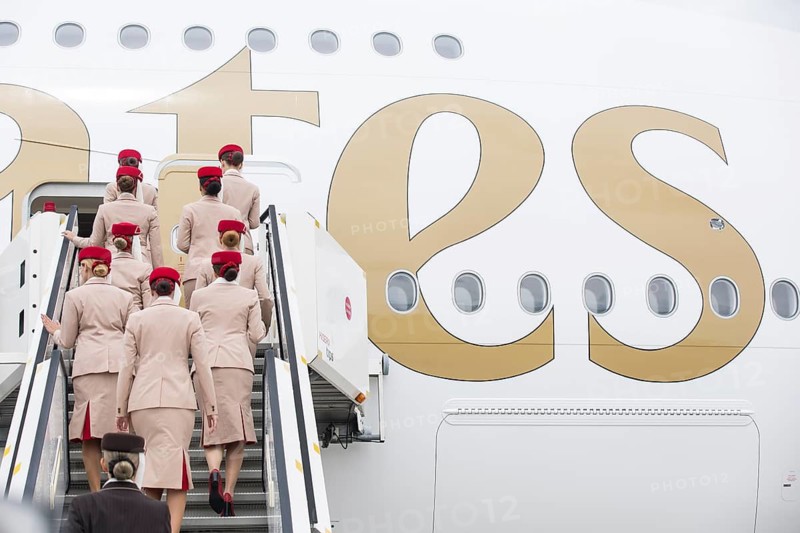 Emirates flight attendants board an aircraft at the ILA (International Aerospace Exhibition) on 10 June 2026 at the Berlin-Schönefeld Exhibition Grounds