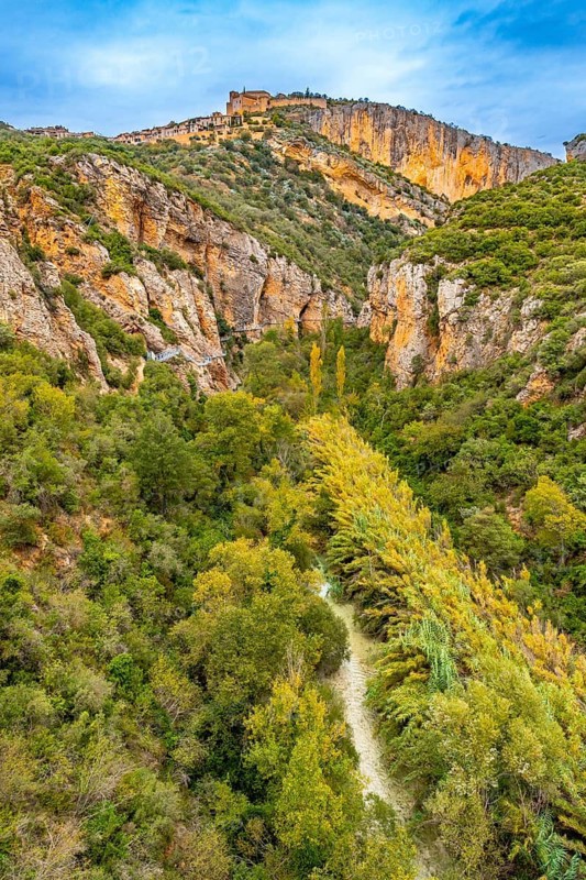 Views of the final viewpoint of the mountain trail on the walkways in Alquezar. Pyrenees