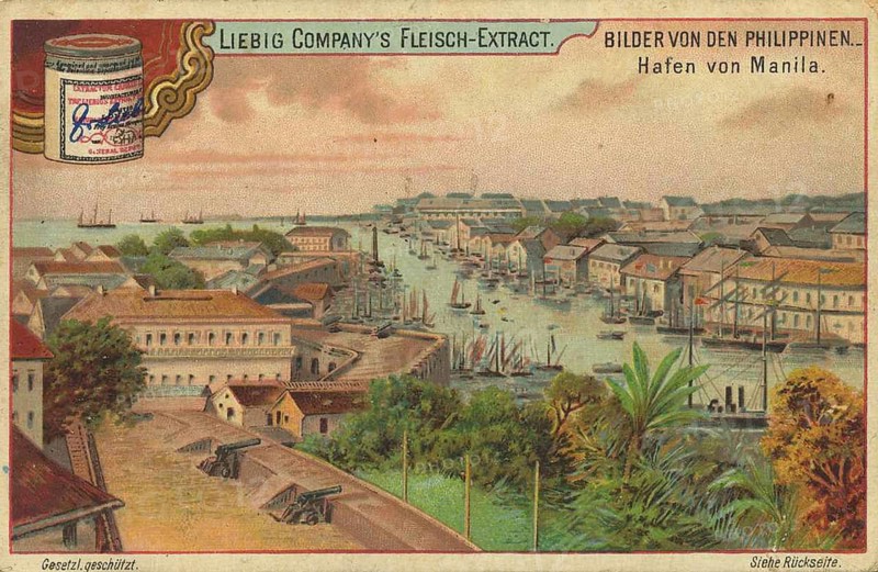 Picture series Images of the Philippines, harbour of Manila, Liebig picture, digitally restored reproduction of a collector's picture from ca 1900, public domain, exact date unknown, painting view of the harbour of Manila with sailing ships and colonial architecture in the background