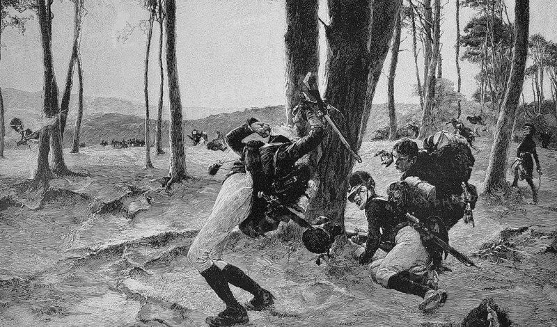 Volunteer guardsmen, soldiers, in 1813, advancing soldier is shot, Napoleonic Wars, Historic, digitally restored reproduction of an original 19th century original