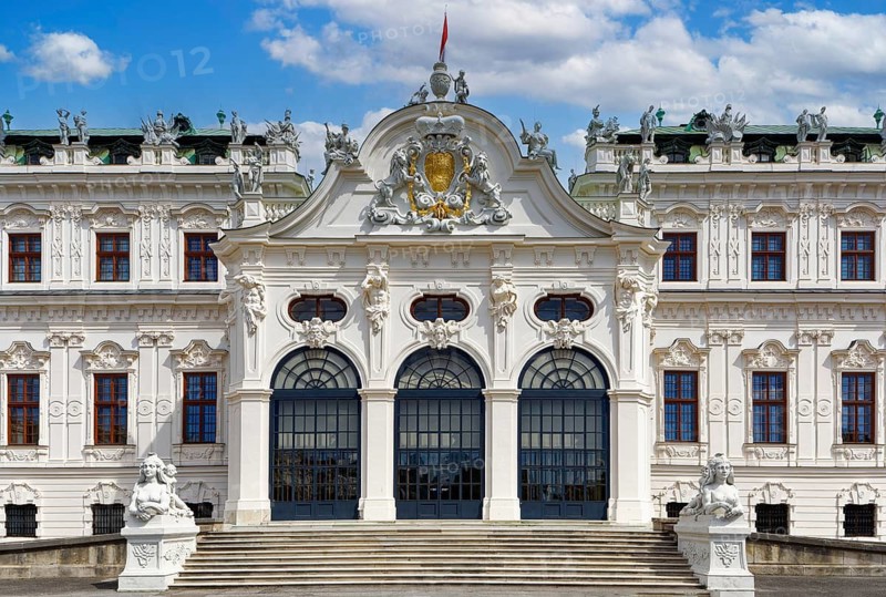 Upper Belvedere staircase and portal, view from the courtyard, Belvedere Palace, former summer residence of Prince Eugene of Savoy, built 1712 to 1723 by Johann Lucas von Hildebrandt, Baroque, Vienna, Austria