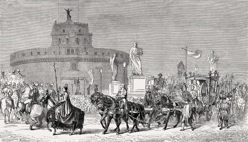 The papal procession, Feast of the Immaculate Conception at the Mausoleum of Hadrian, Rome, Italy, 19th Century