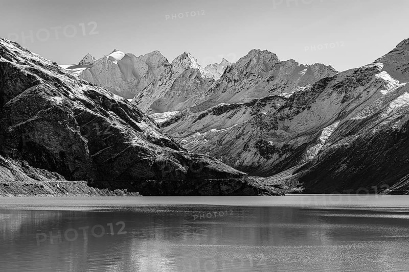Moiry reservoir, black and white photograph, near Grimentz, Val d'Anniviers, Valais Alps, Canton Valais, Switzerland