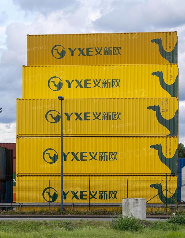 Container of the Chinese goods train operator YXE from Yiwu, China, part of the Silk Road route from China to Germany, in the port of Duisburg, Logport, Duisburg-Rheinhausen, North Rhine-Westphalia, Germany