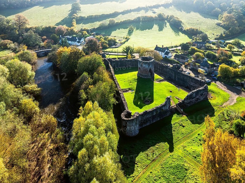Skenfrith Castle from a drone, Monmouthshire, Wales, England, United Kingdom