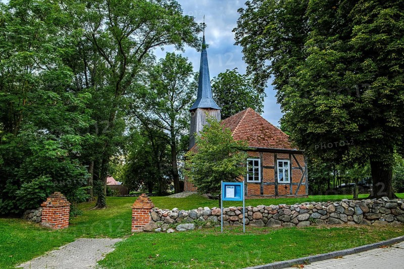 Picturesque view of Zachow village church, a 17th century half-timbered church in Zachow, Groß Nemerow, Mecklenburg-Western Pomerania, Germany