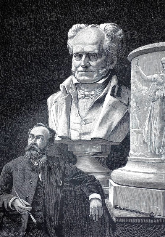 The Schopenhauer monument in Frankfurt and its creator sculptor Friedrich Schierholz (1840-1894), illustration, reproduction from a 19th century model. Authentic, file restored for optimal use, exact date of original unknown, Historical, Man looking at a bust and a sculpture, reflecting on art