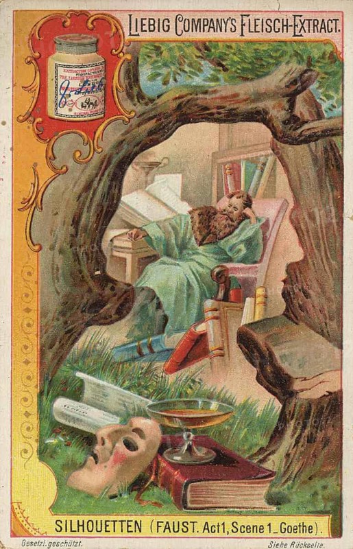 Silhötten picture series, scene from Goethe's Faust. In the center of this silhouette, Faust is seen in his study, surrounded by books and scientific instruments, as he ponders the limits of human knowledge, favorite picture, digitally restored reproduction of a collector's painting from around 1900, exact date unknown
